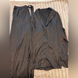 Black Satin Button-Front Pajama Set
